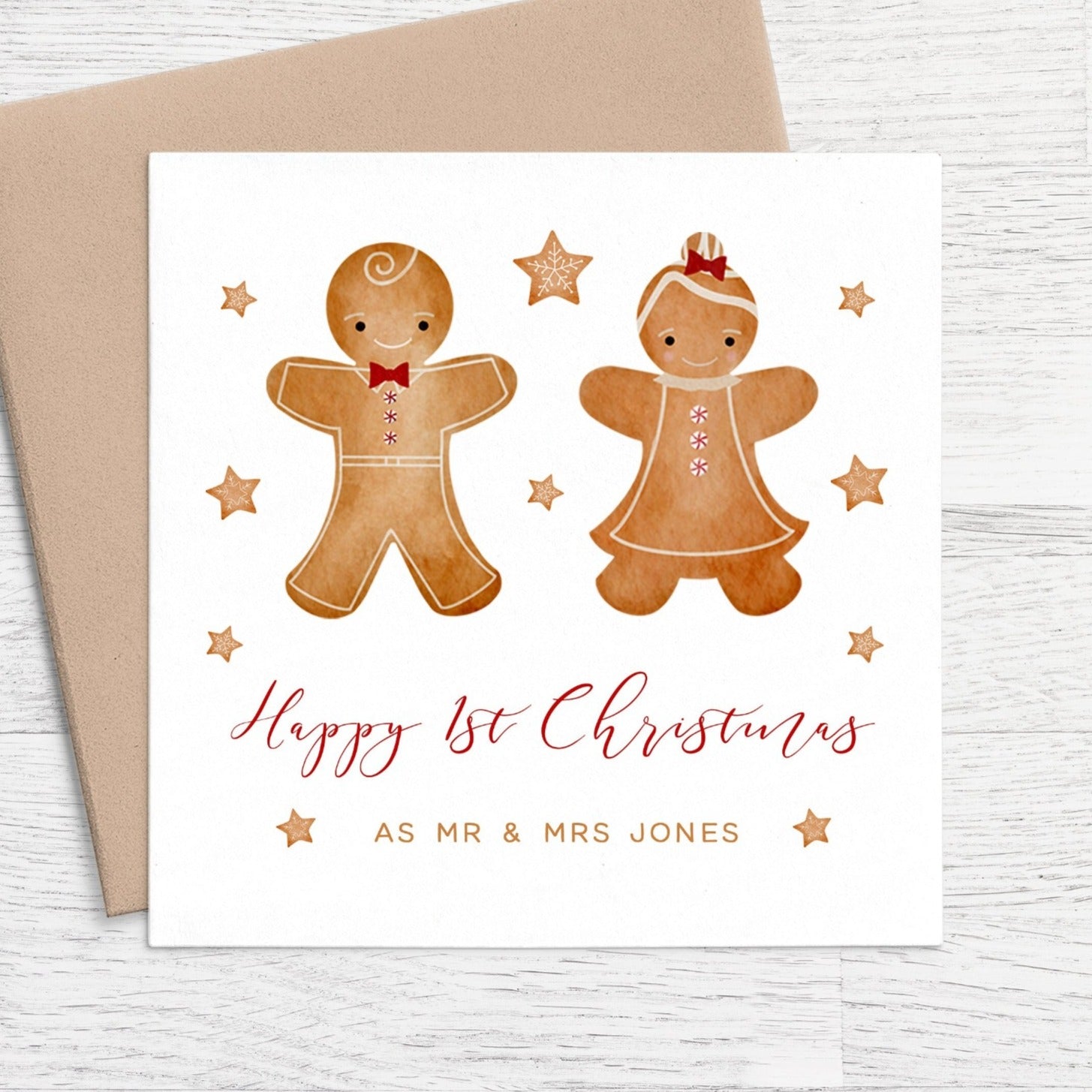 gingerbread happy 1st christmas as mr and mrs card personalised kraft brown envelope matte white cardstock