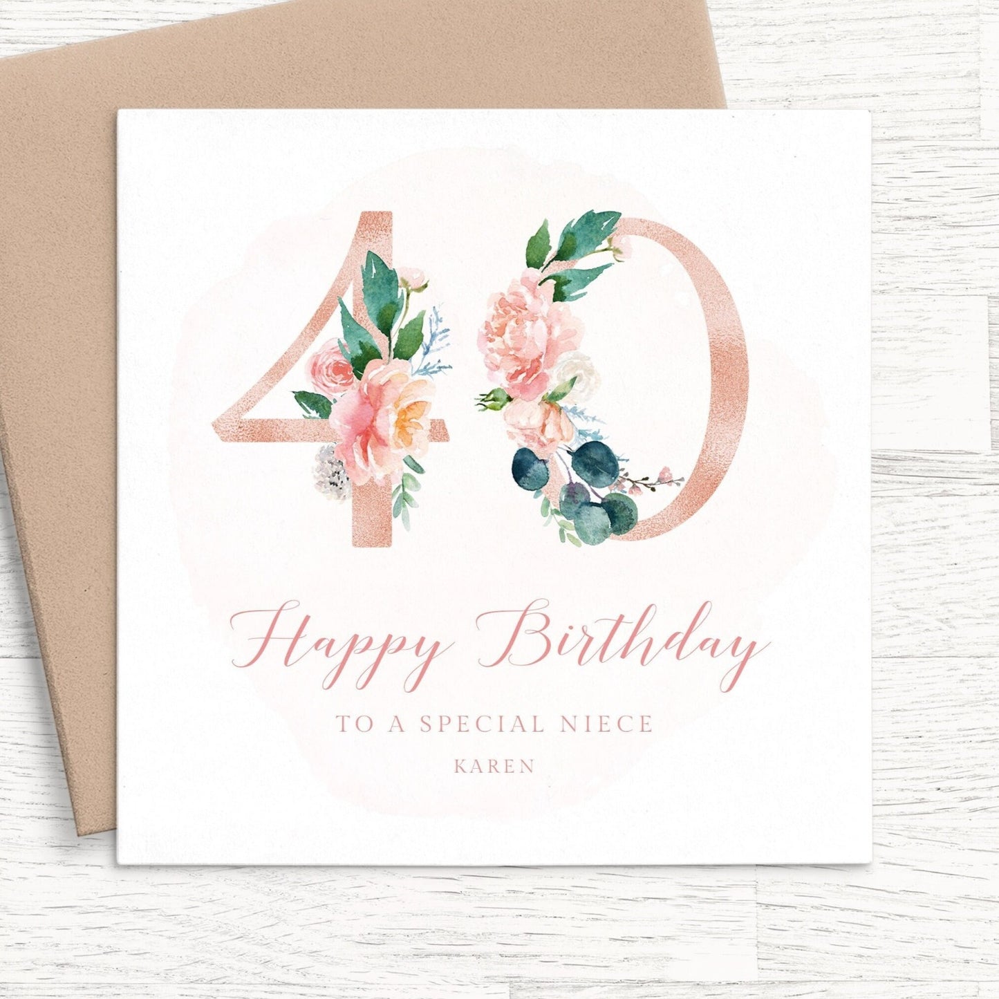 pink floral niece 40th birthday card personalised smooth matte white cardstock kraft brown envelope