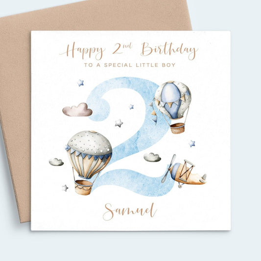 watercolour hot air balloon 2nd birthday card boy personalised matte smooth white cardstock kraft brown envelope