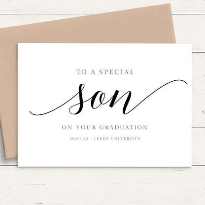 son graduation card personalised modern script smooth matte white cardstock kraft brown envelope