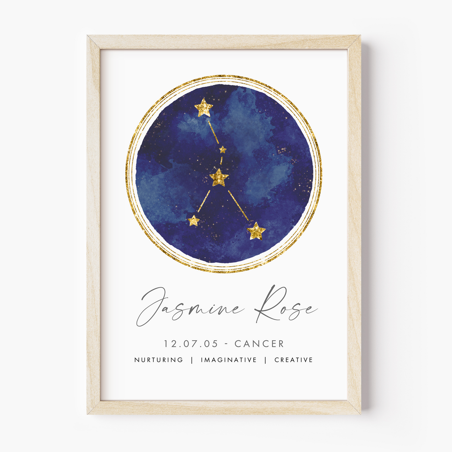 unframed personalised cancer zodiac print navy and gold watercolour constellation matte white paperstock