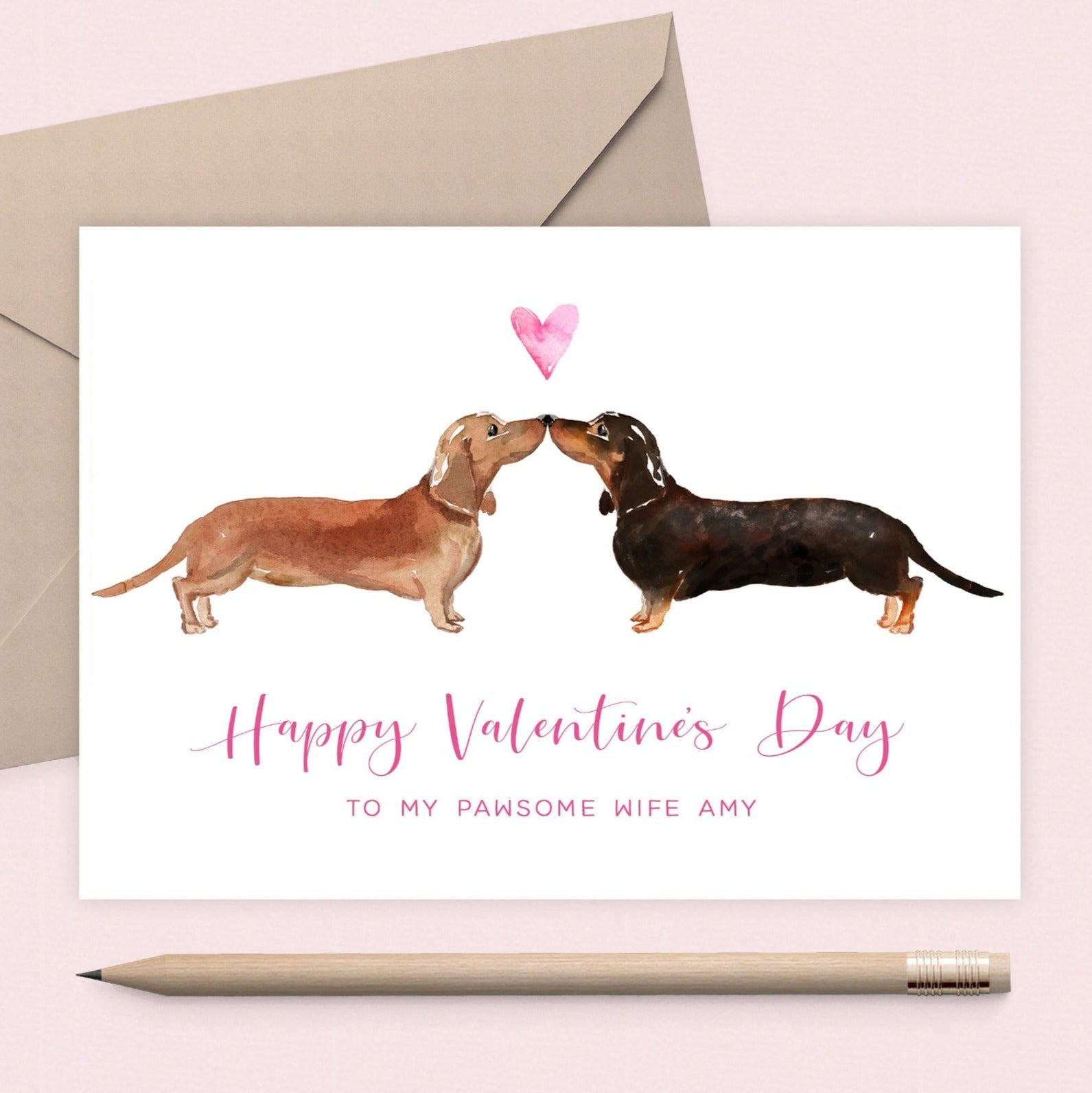 watercolour dachshund valentines card wife personalised with name matte white cardstock kraft brown envelope