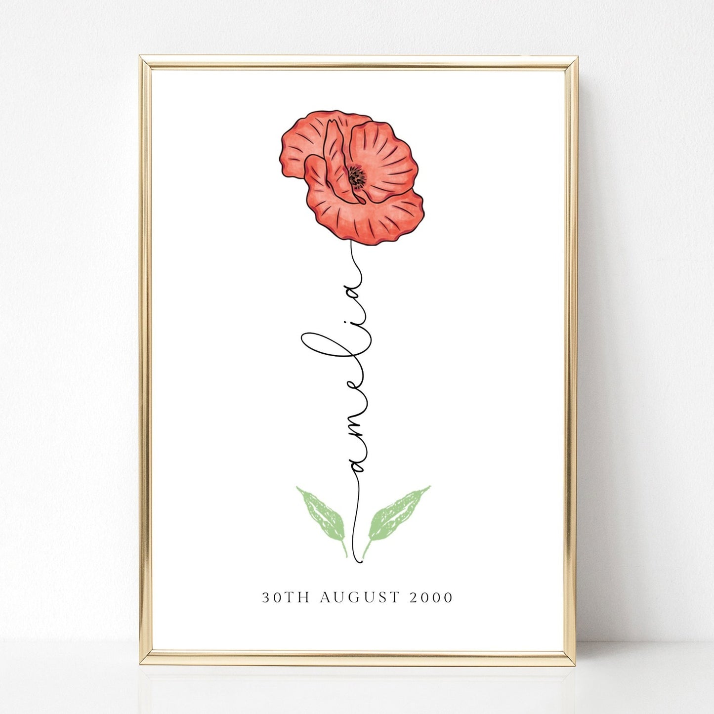 august poppy birth flower print personalised with name and date matte white smooth paperstock unframed