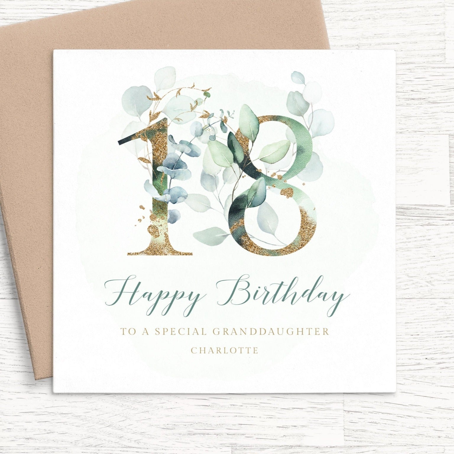 eucalyptus 18th birthday card for granddaughter personalised matte white cardstock kraft brown envelope square