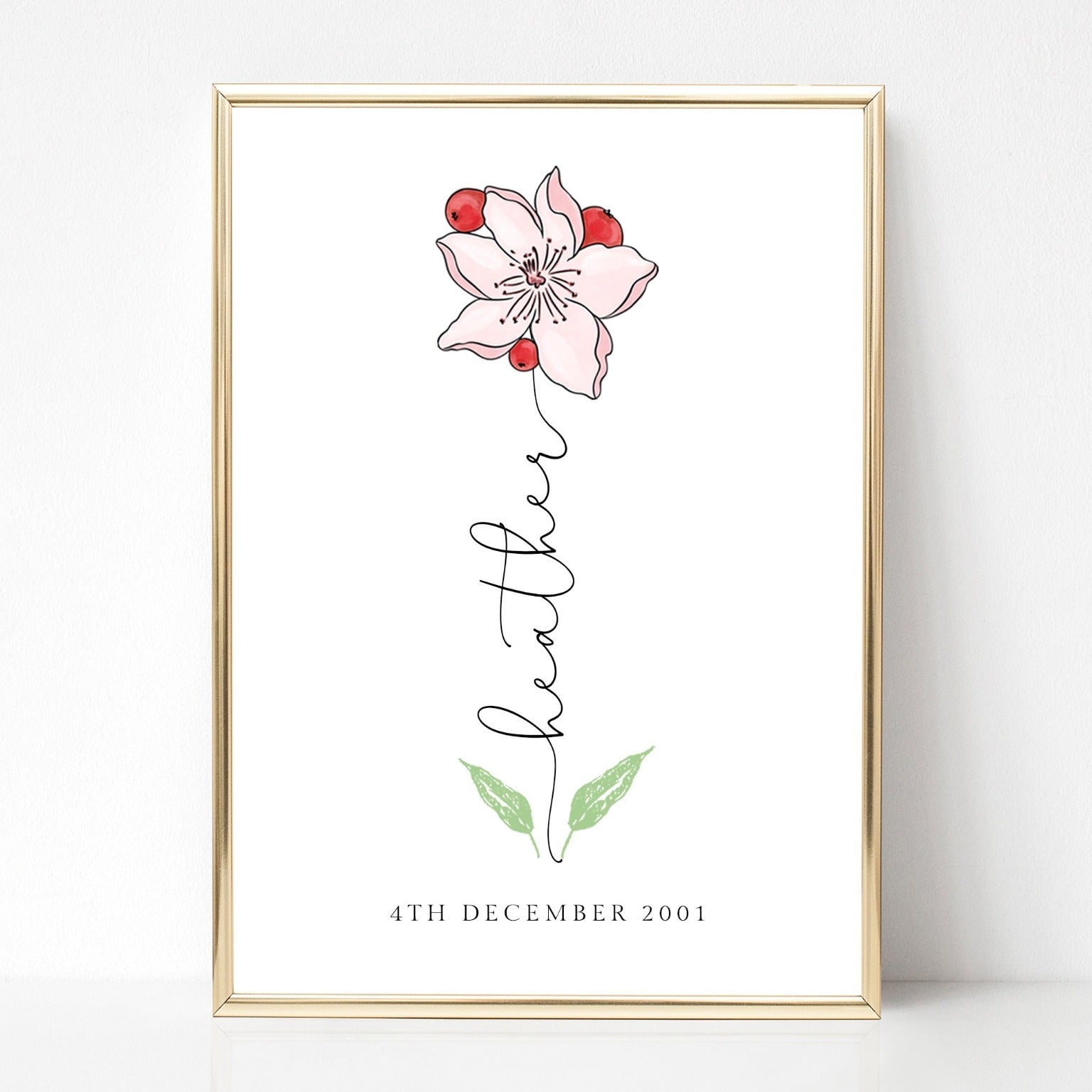 personalised december birth flower print name date unframed matte smooth white paperstock