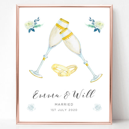 watercolour champagne rings wedding print personalised matte smooth white paperstock unframed