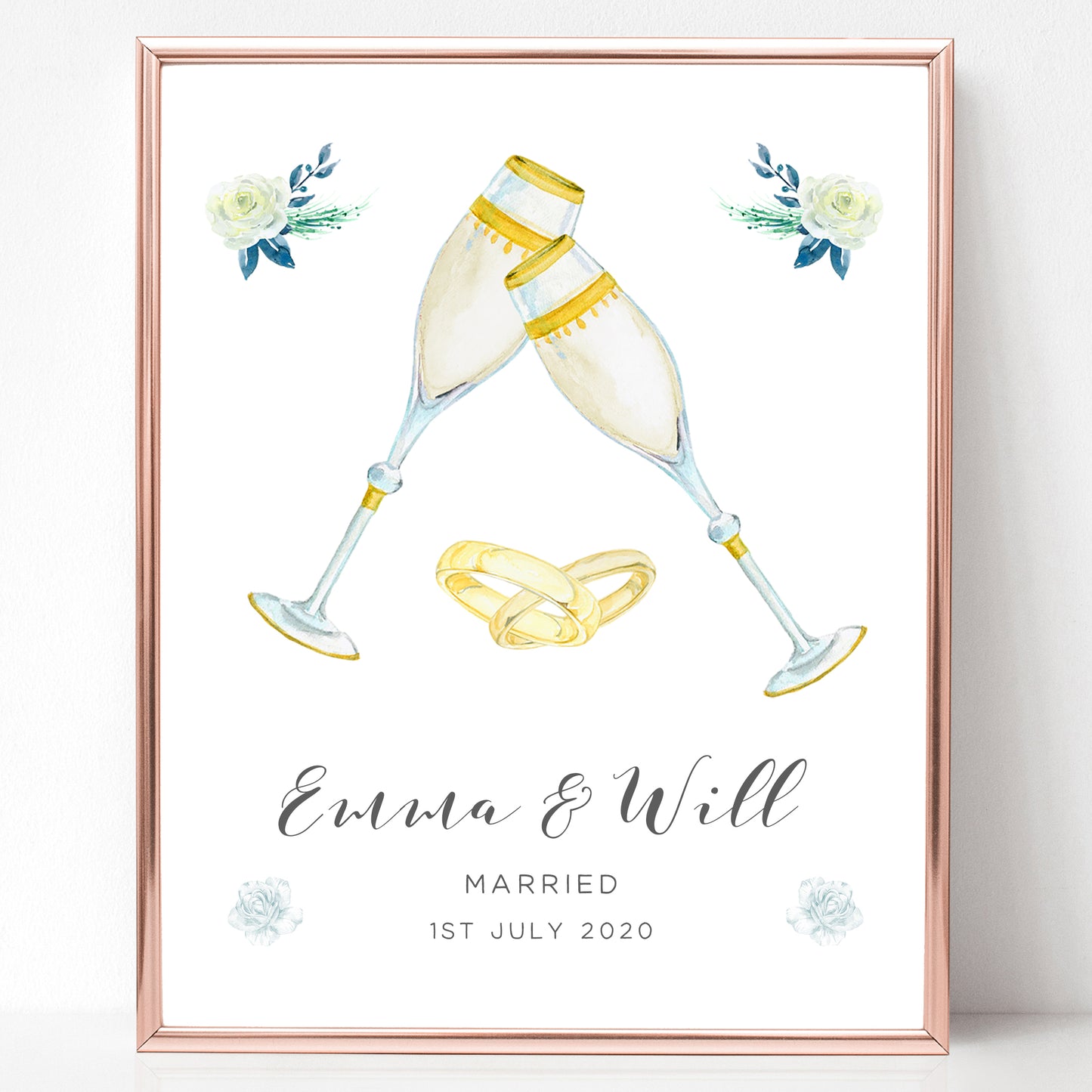 watercolour champagne rings wedding print personalised matte smooth white paperstock unframed