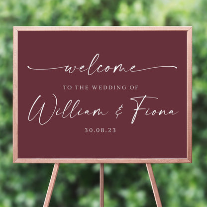 personalised burgundy modern script wedding welcome sign unframed matte smooth white paperstock