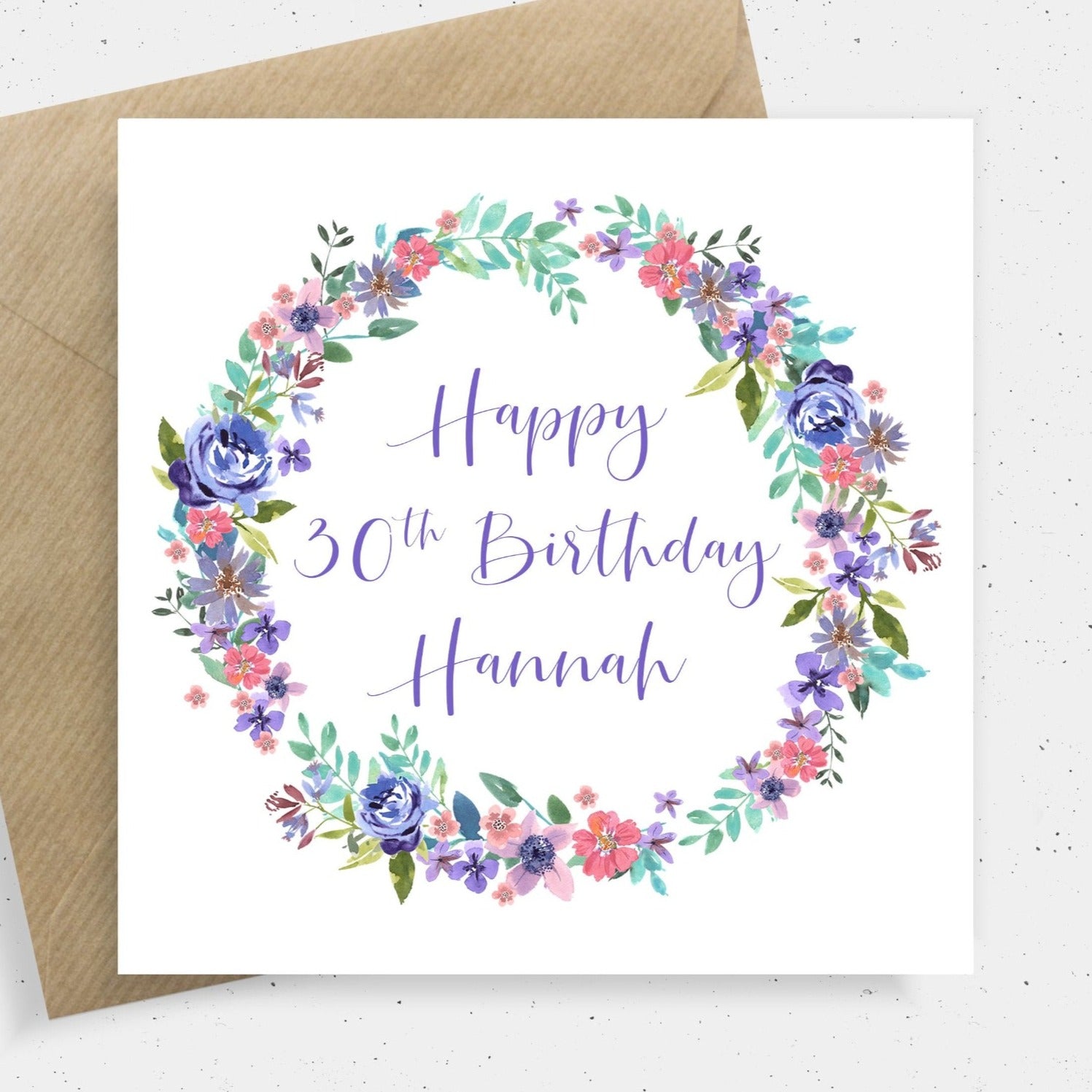 personalised watercolour floral wreath birthday card name age matte white paperstock kraft brown envelope