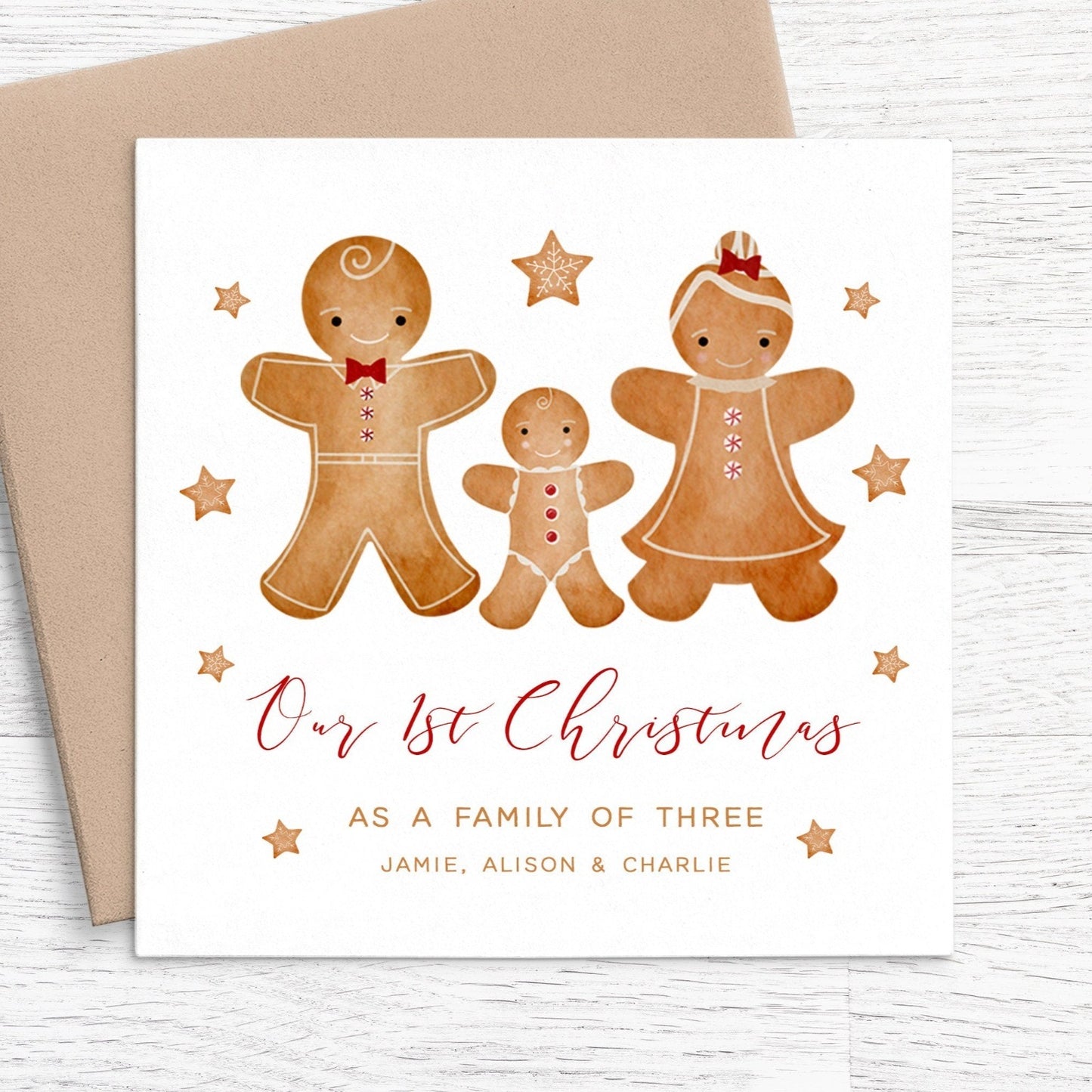 gingerbread happy 1st christmas as family of 3 card personalised kraft brown envelope matte white cardstock
