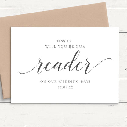monochrome script will you be our reader proposal card personalised matte smooth white cardstock kraft brown envelope