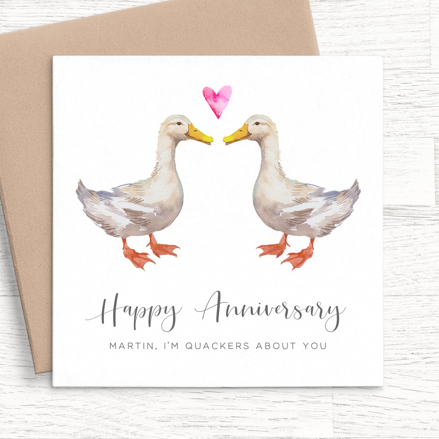 happy anniversary ducks pun personalised matte white cardstock kraft brown envelope