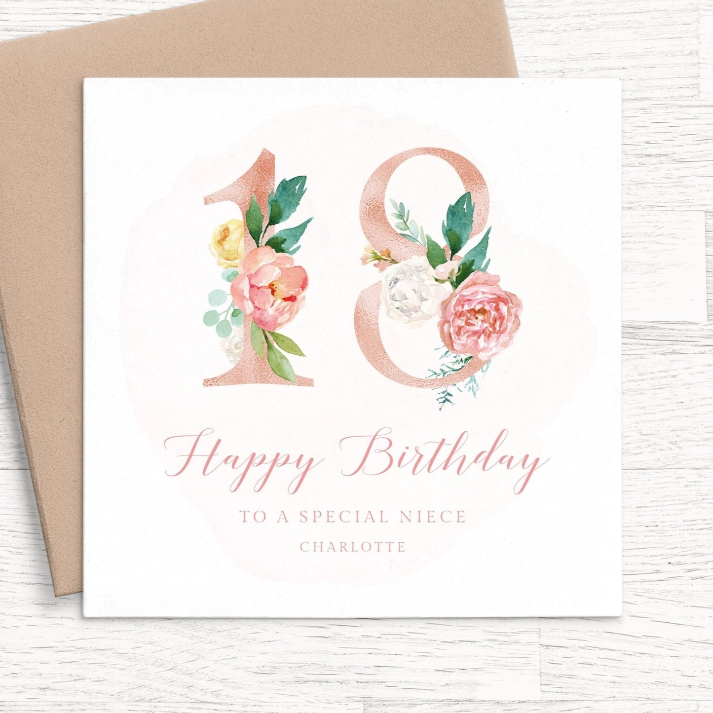 blush pink floral 18th birthday card for niece personalised matte white cardstock kraft brown envelope square
