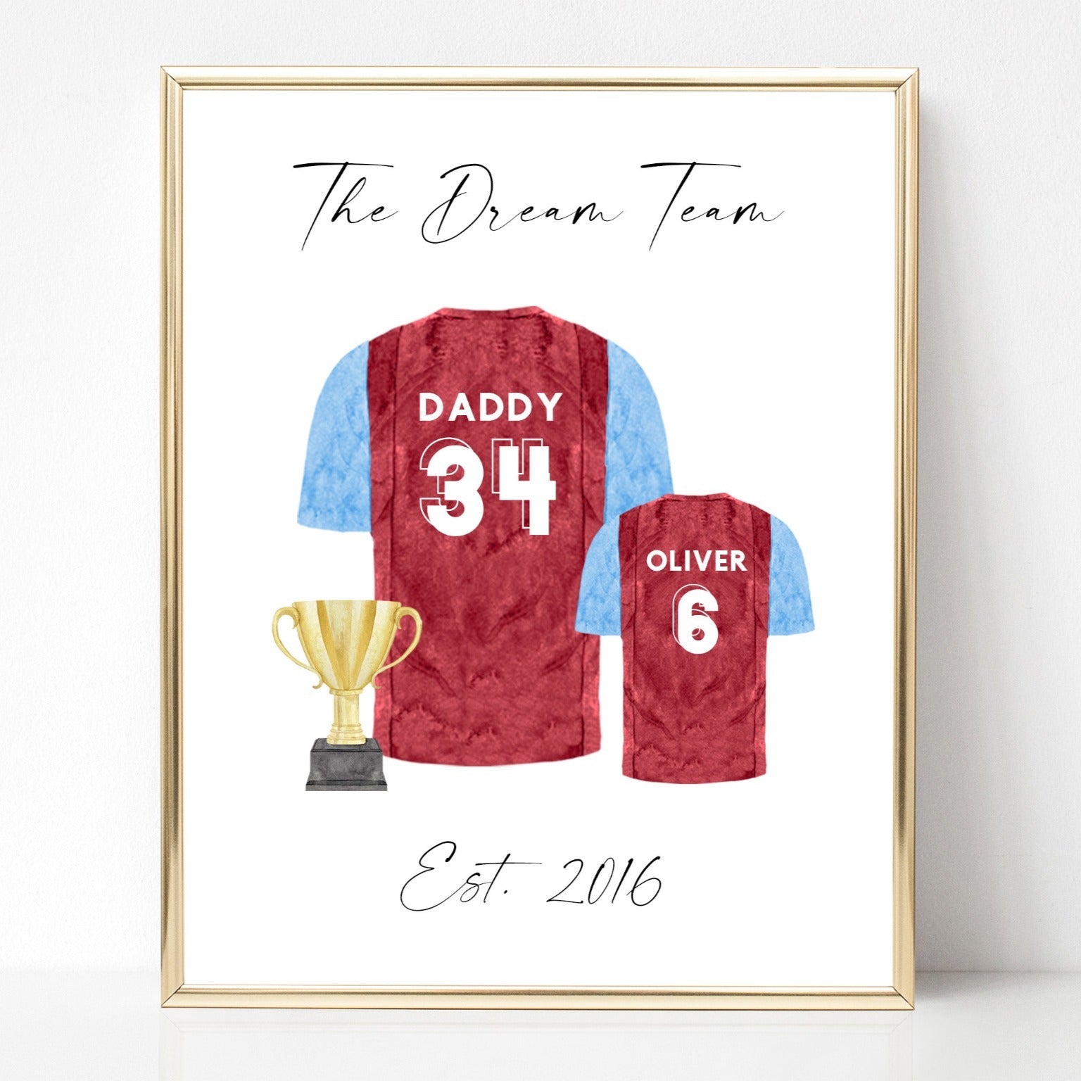 daddy dream team football shirt print watercolour personalised matte white paperstock unframed