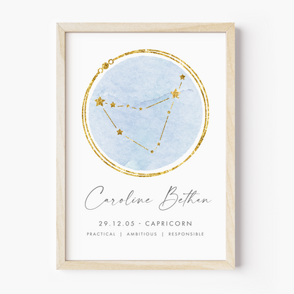 unframed personalised capricorn zodiac constellation print blue and gold watercolour matte white paperstock