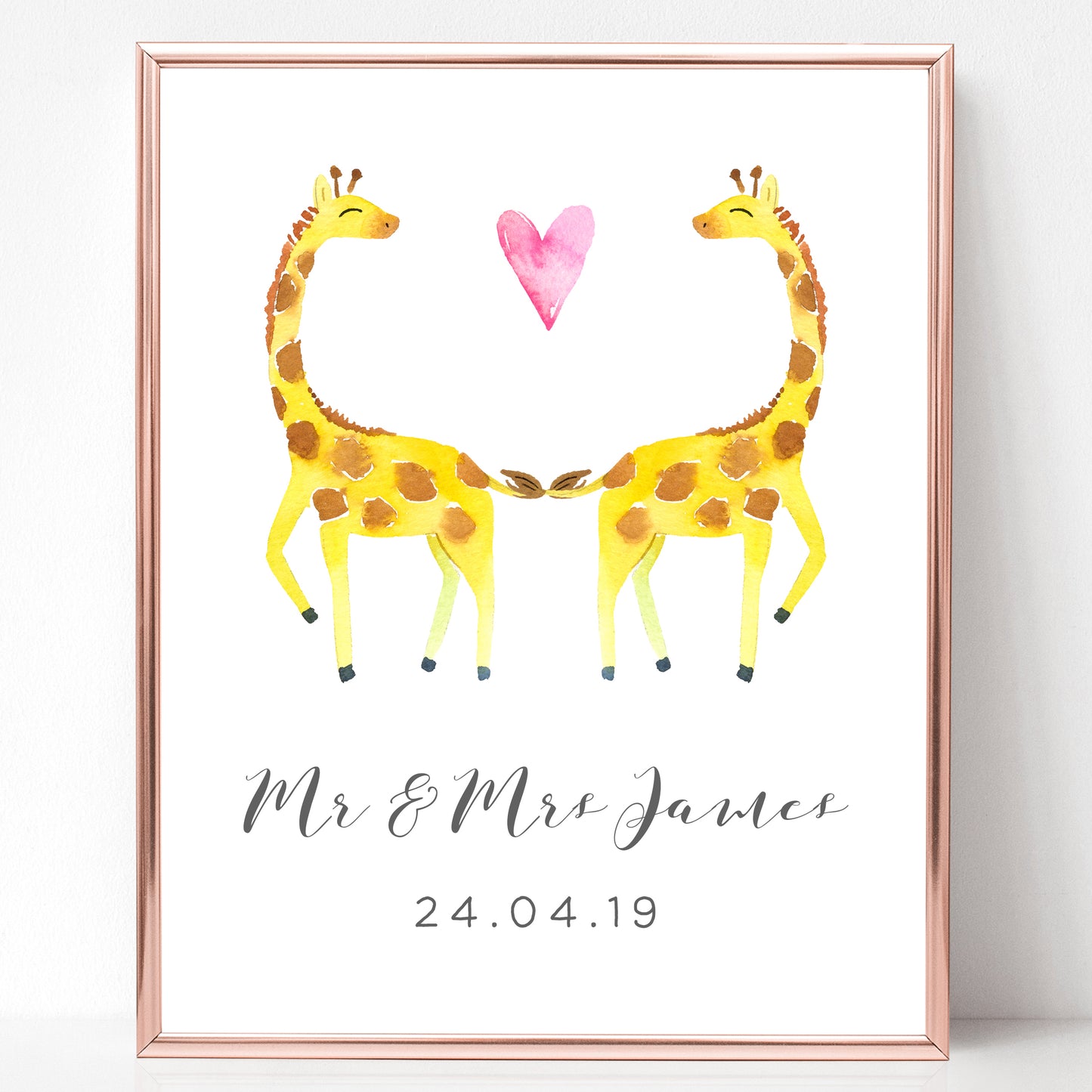 watercolour giraffe couple print personalised matte smooth white paperstock unframed