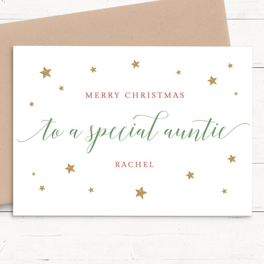 merry christmas auntie personalised christmas card matte white cardstock kraft brown envelope boy girl auntie
