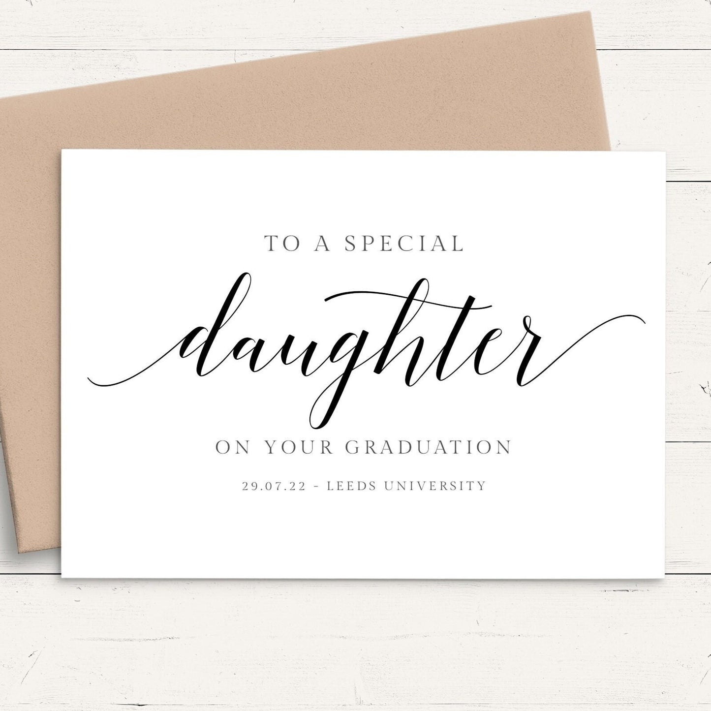 daughter graduation card personalised modern script smooth matte white cardstock kraft brown envelope