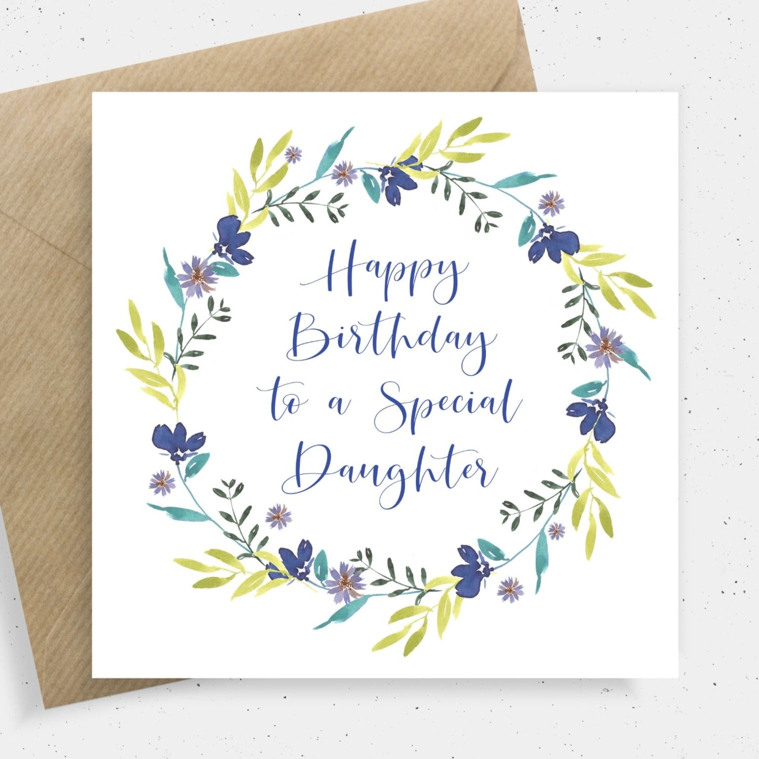 watercolour floral wreath birthday card daughter personalised matte white cardstock kraft brown envelope square