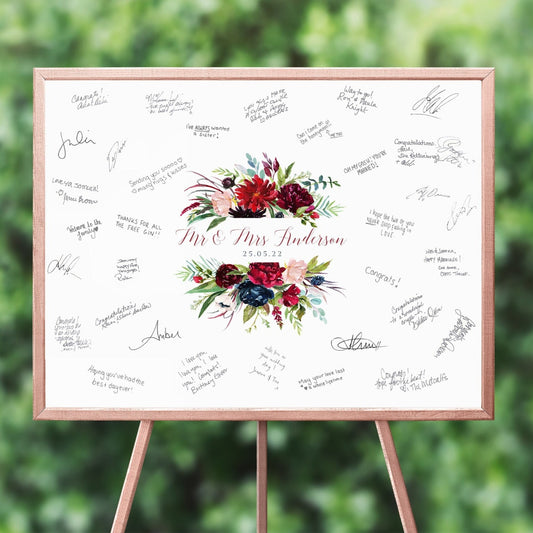 personalised watercolour burgundy floral wedding guest book print unframed matte smooth white paperstock