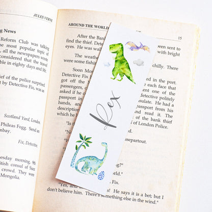 watercolour dinosaur bookmark for boys personalised matte smooth white cardstock