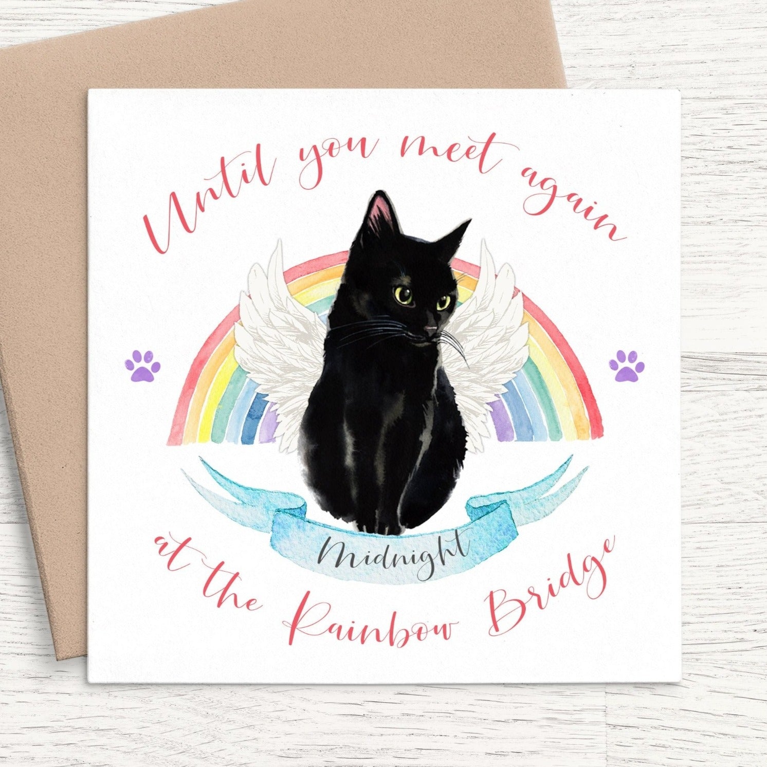 watercolour cat rainbow bridge sympathy card personalised breed name matte white smooth cardstock