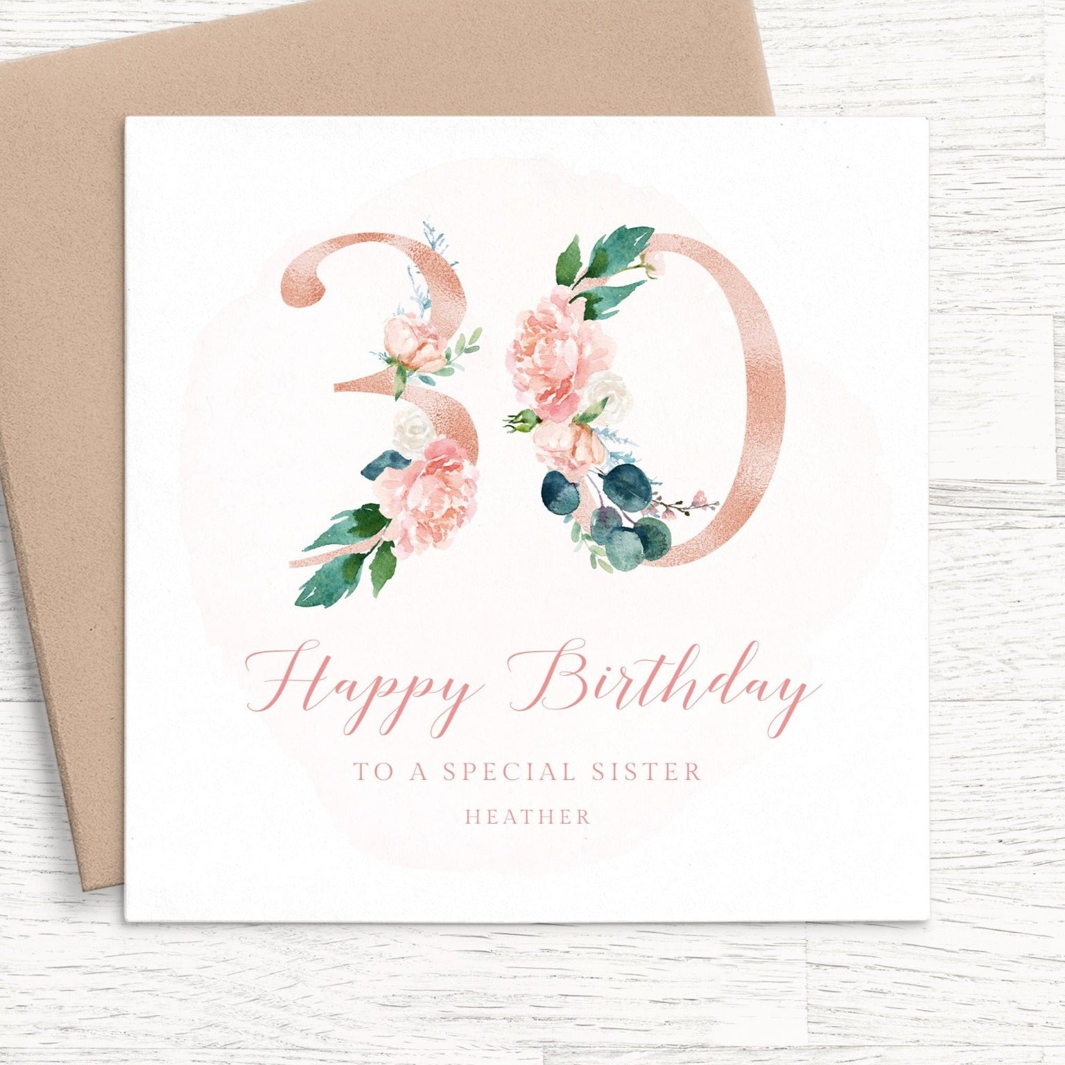 pink floral 30th birthday card sister personalised smooth matte white cardstock kraft brown envelope