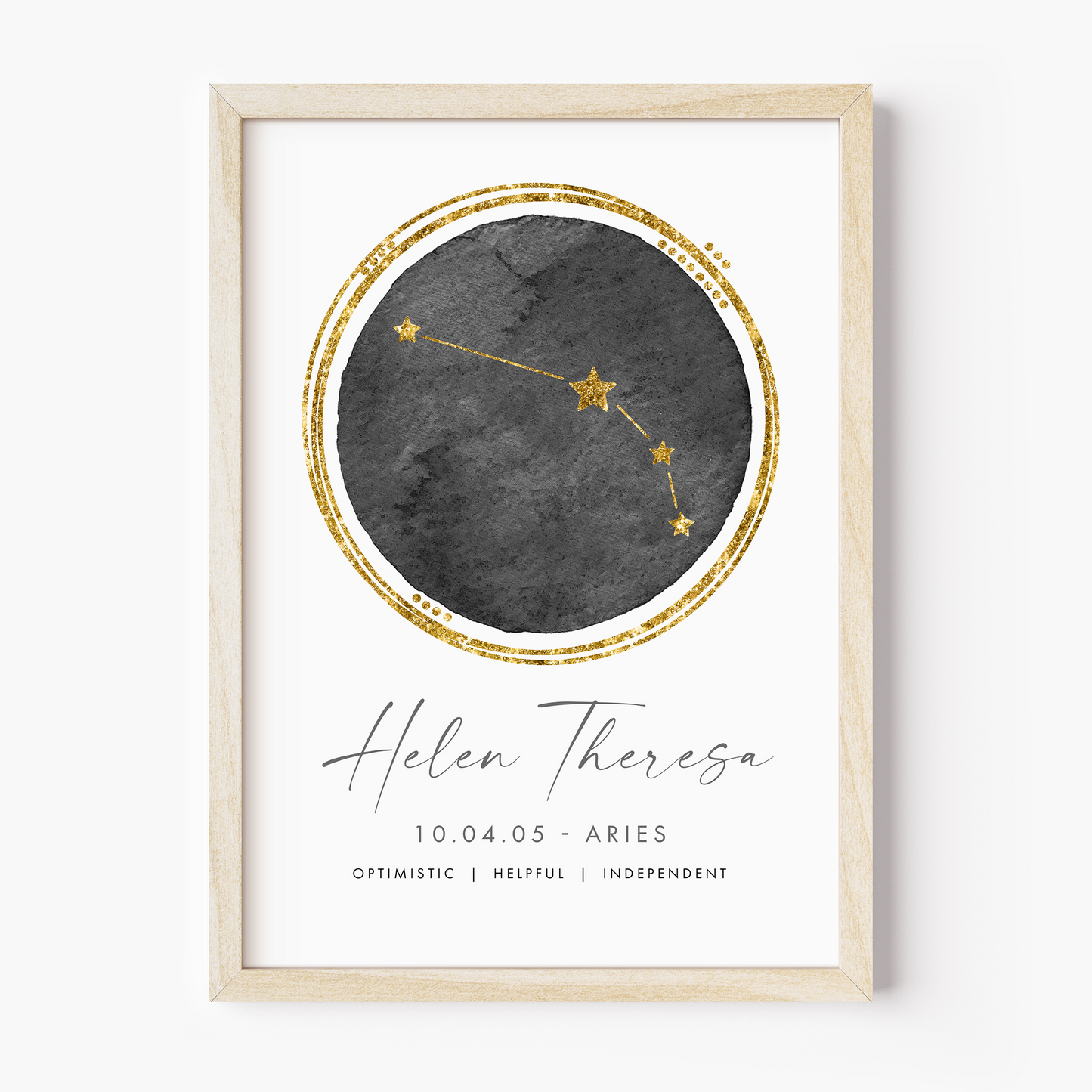 unframed personalised aries zodiac print black and gold constellation watercolour matte white paperstock