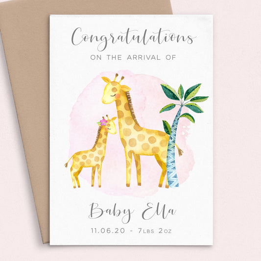 new baby girl watercolour giraffe card personalised matte white cardstock kraft brown envelope