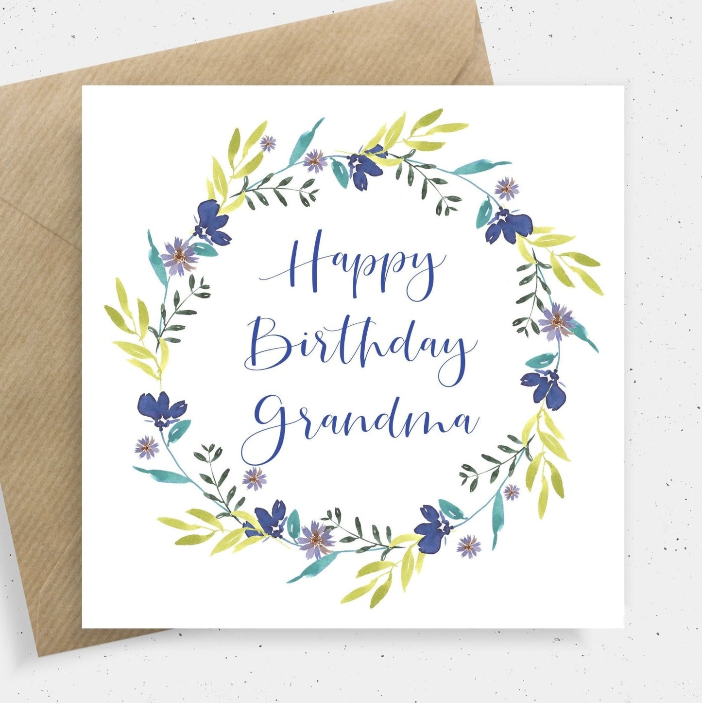 watercolour floral wreath birthday card grandma personalised matte white cardstock kraft brown envelope square