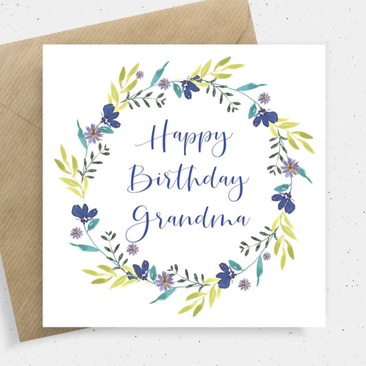 watercolour floral wreath birthday card grandma personalised matte white cardstock kraft brown envelope square