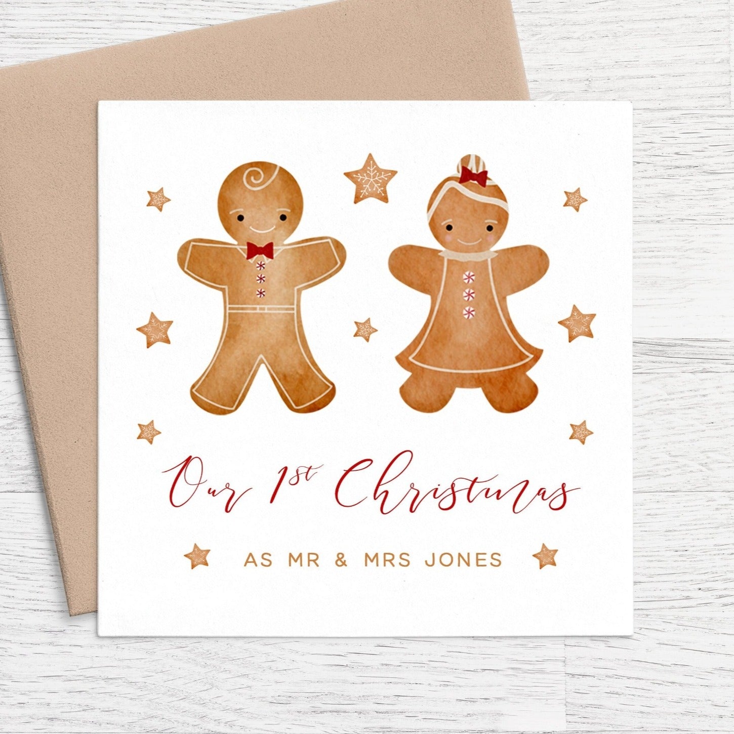 gingerbread our 1st christmas as mr and mrs card personalised kraft brown envelope matte white cardstock