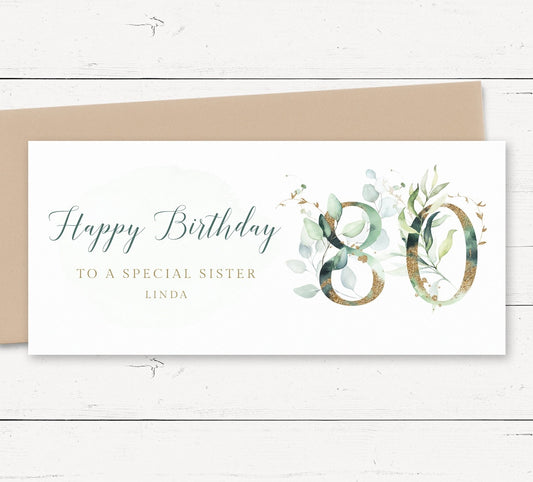 eucalyptus female 80th birthday money wallet card personalised matte white cardstock kraft brown envelope