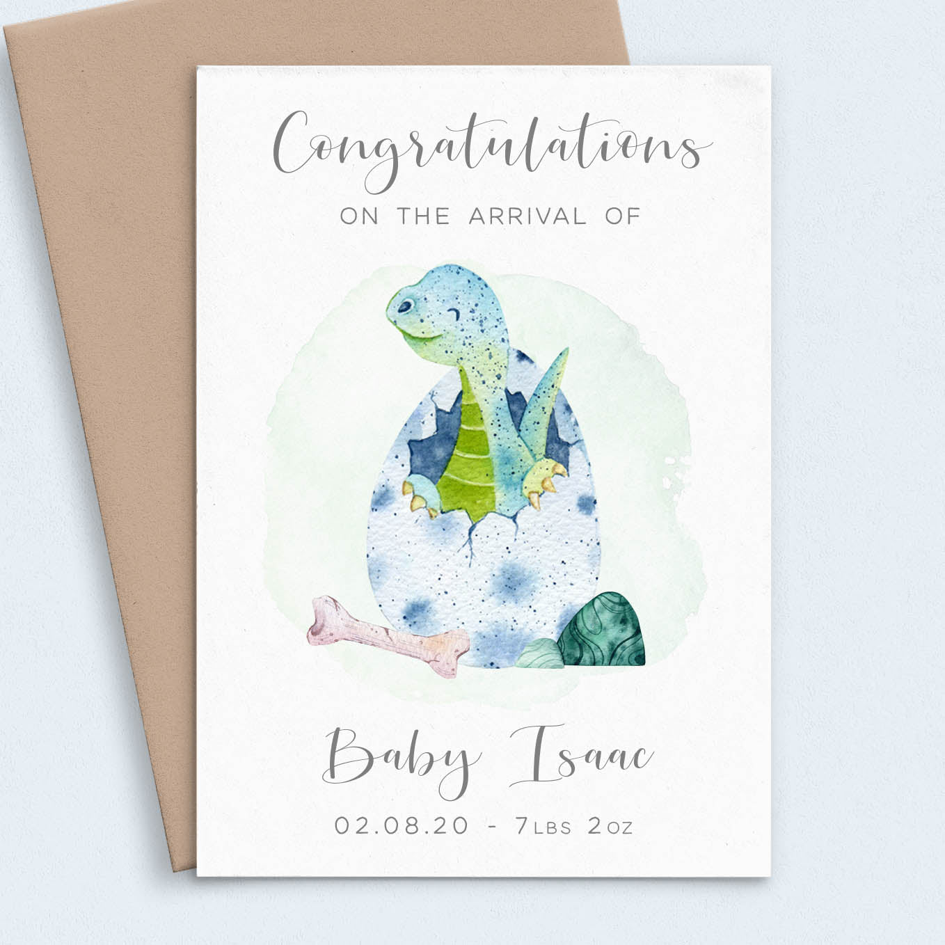 New Baby Boy Cards Personalised, Watercolour Blue Dinosaur Design