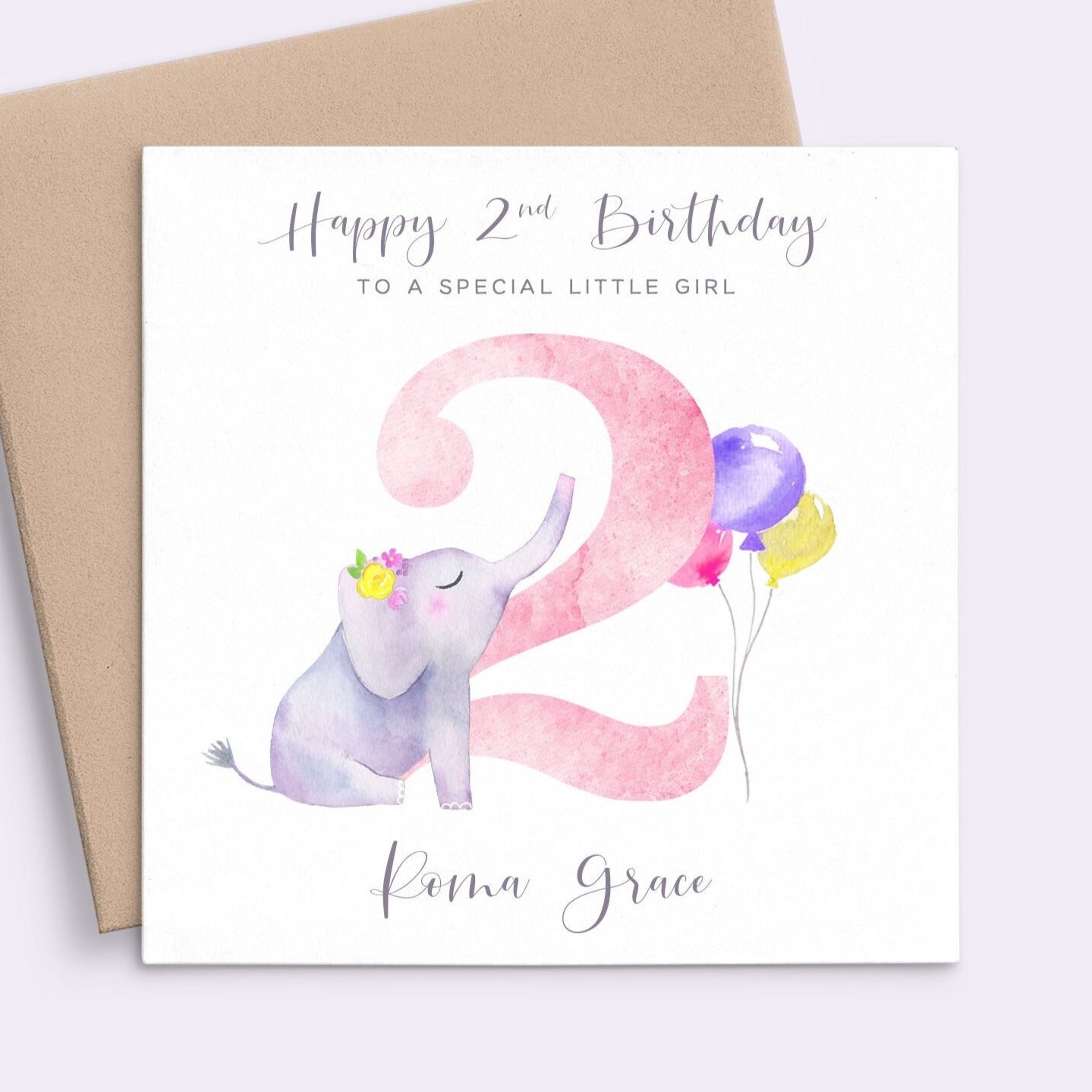 pink watercolour elephant 2nd birthday card personalised matte white cardstock kraft brown envelope girl daughter granddaughter