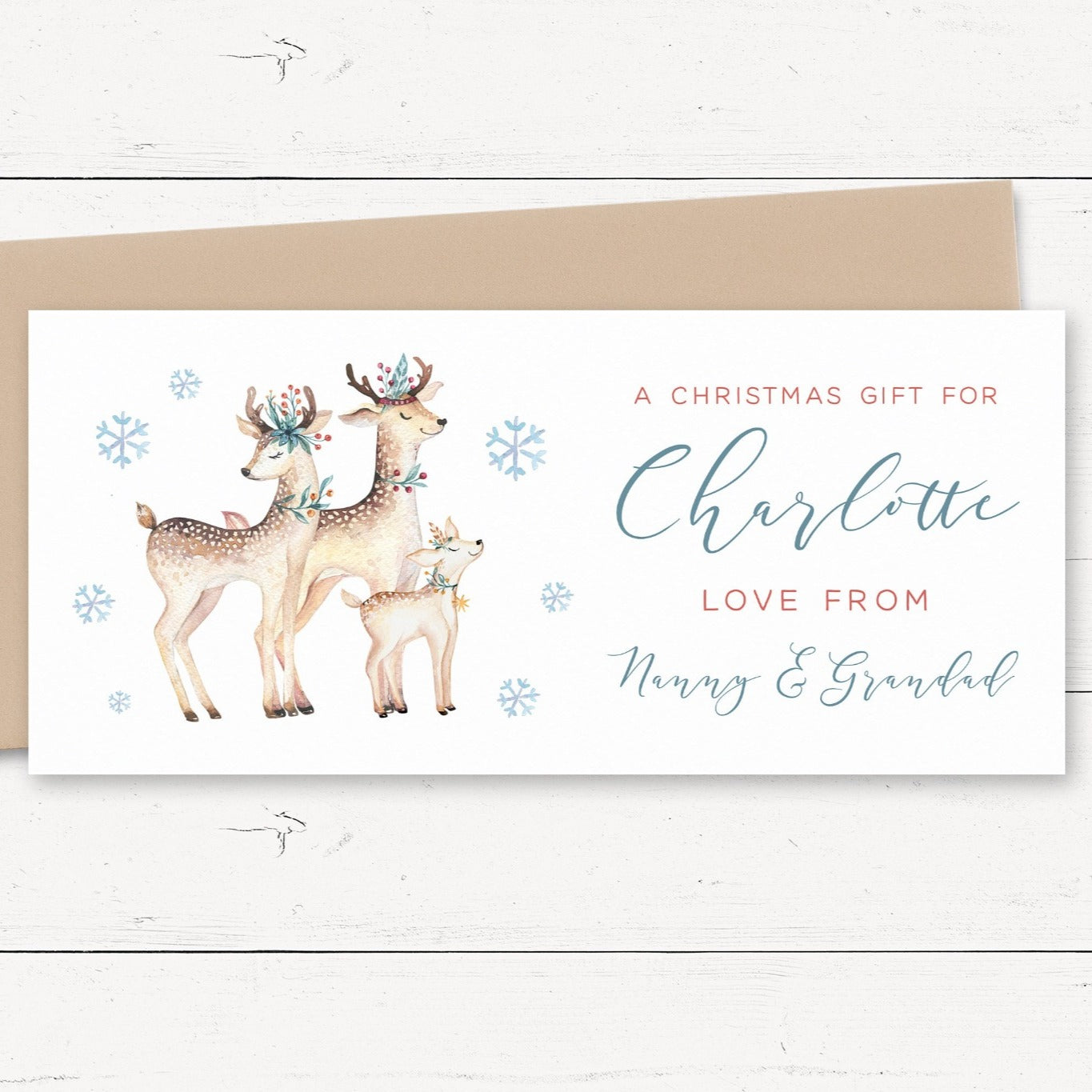 reindeer personalised christmas money envelope card red matte white smooth cardstock grandson granddaughter boys girls