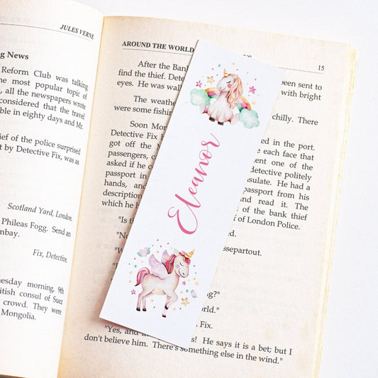 personalised watercolour pink unicorn bookmark for girls matte smooth white cardstock 