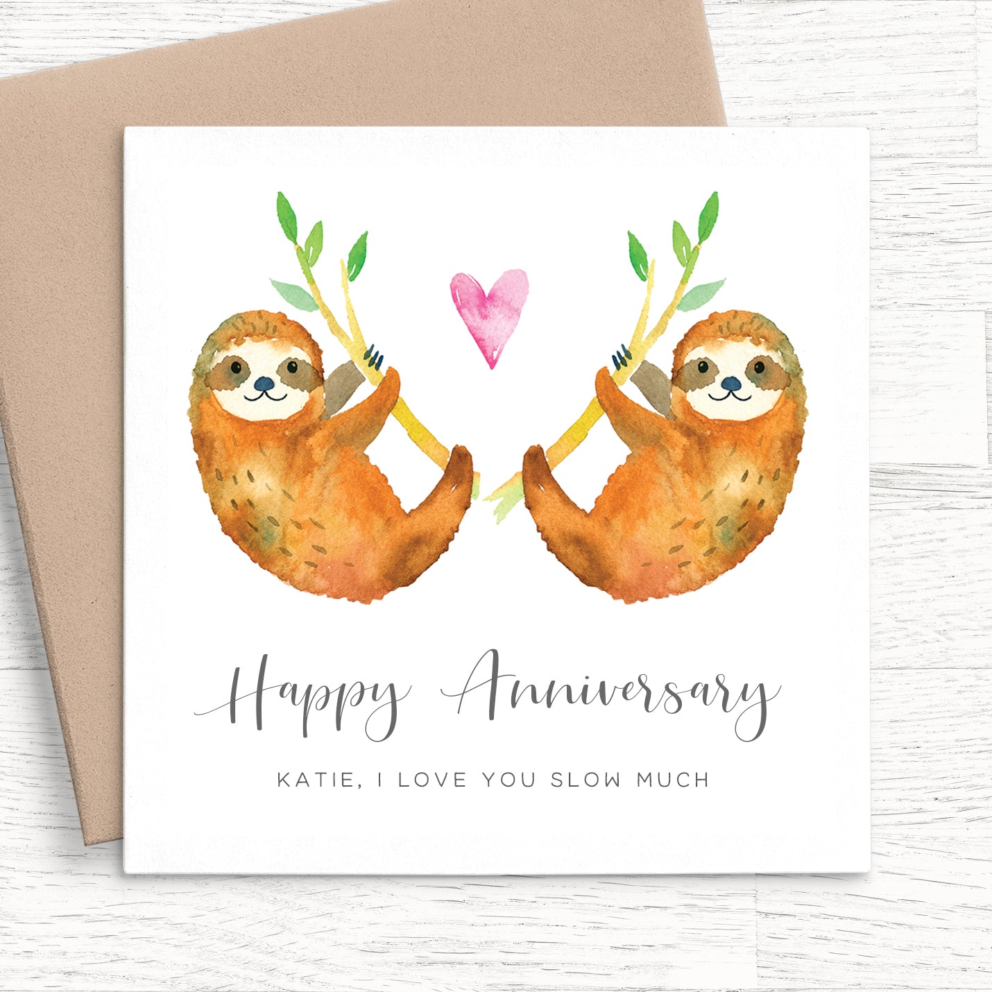 watercolour sloth couple happy anniversary personalised matte white cardstock kraft brown envelope