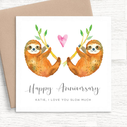 Personalised Anniversary Cards for Her, Watercolour Sloth Design