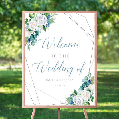 personalised watercolour blue floral welcome wedding sign unframed matte smooth white paperstock