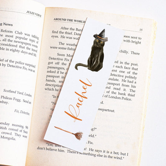 personalised watercolour black cat halloween bookmark for girls matte white smooth cardstock
