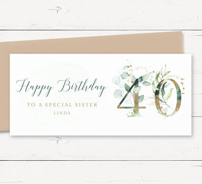 female eucalyptus 40th birthday money wallet card personalised matte white cardstock kraft brown envelope