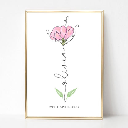 april birth flower print personalised with name and date matte white smooth paperstock unframed