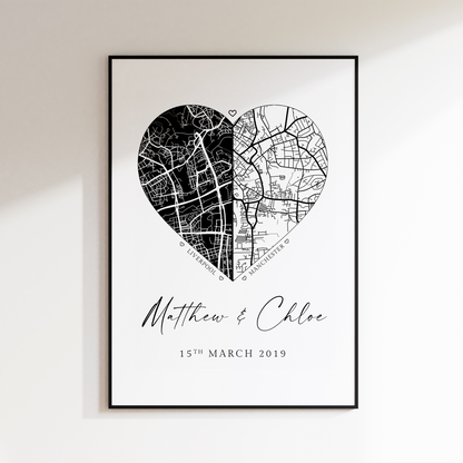 split heart couples black and white city map print personalised matte smooth white paperstock unframed