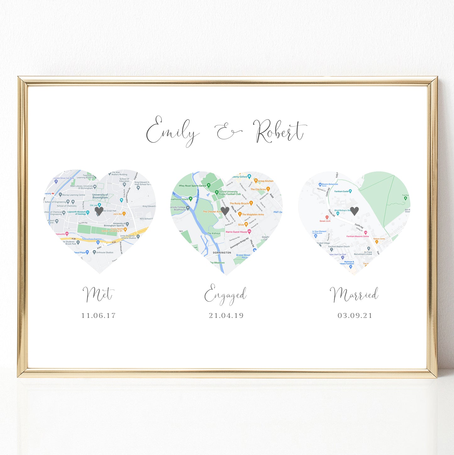 custom made triple city map print met engaged married locations matte white paperstock unframed