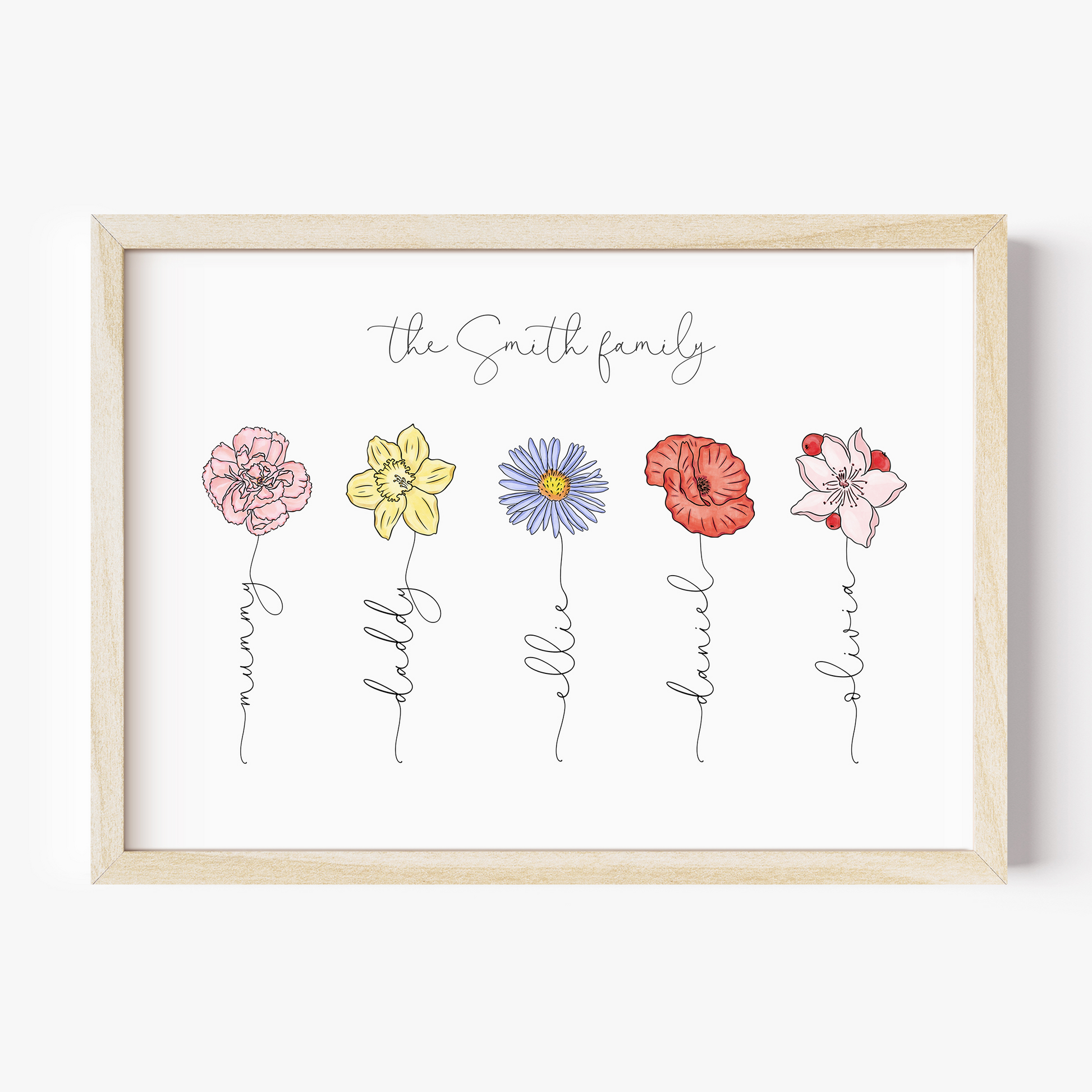 family birth flowers print personalised matte smooth white paperstock unframed