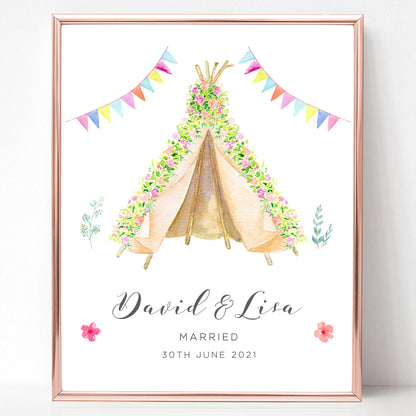 watercolour teepee couple print wedding personalised matte smooth white paperstock unframed