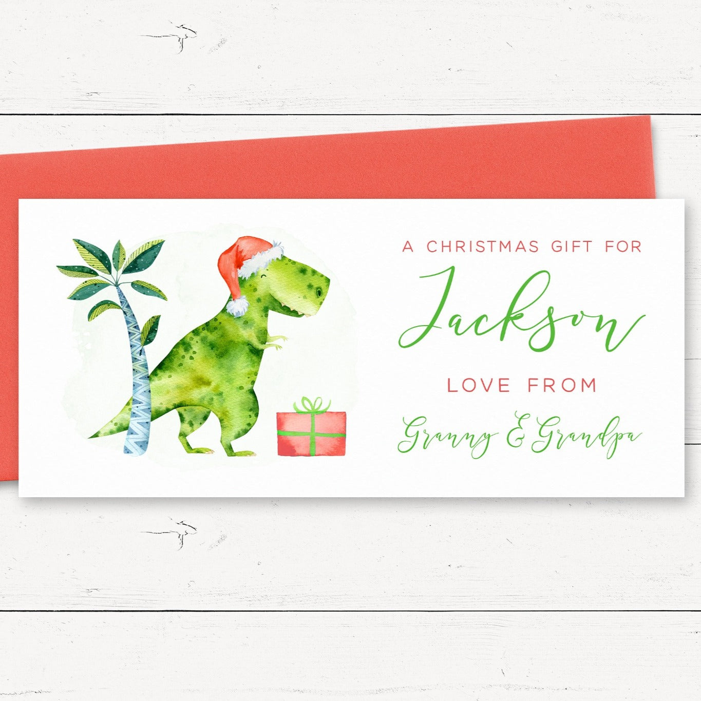 dinosaur personalised money holder card red envelope smooth matte white cardstock grandson son boys