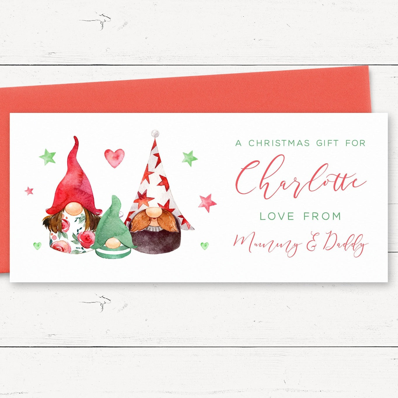 gonk gnomes personalised christmas money holder card red envelope matte white smooth cardstock son daughter girl boy