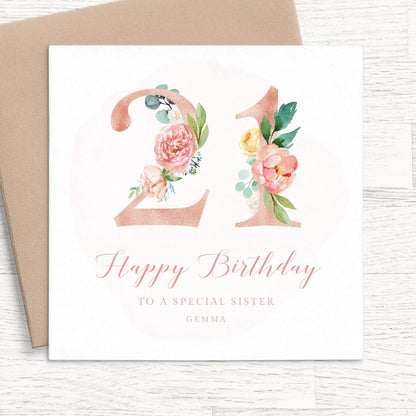 sister pink floral 21st birthday card personalised smooth matte white cardstock kraft brown envelope
